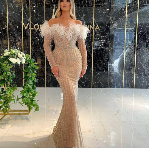 feather evening dresses long sleeve sparkly mermaid modest champagne formal evening gown abendkleider