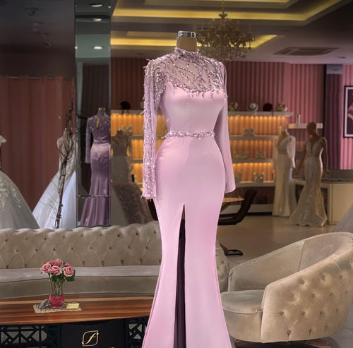 modest pink evening dresses long sleeve high neck beaded luxury formal dress vestidos de fiesta