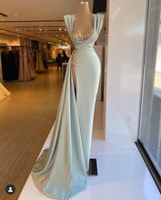Load image into Gallery viewer, satin simple evening dresses vestidos de fiesta lace applique elegant mermaid blue formal evening gown