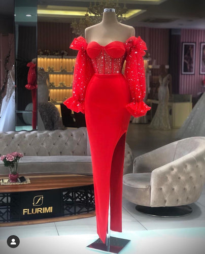 red beaded evening dresses long sleeve abendkleider 2021 mermaid modest sparkly formal dress 2022