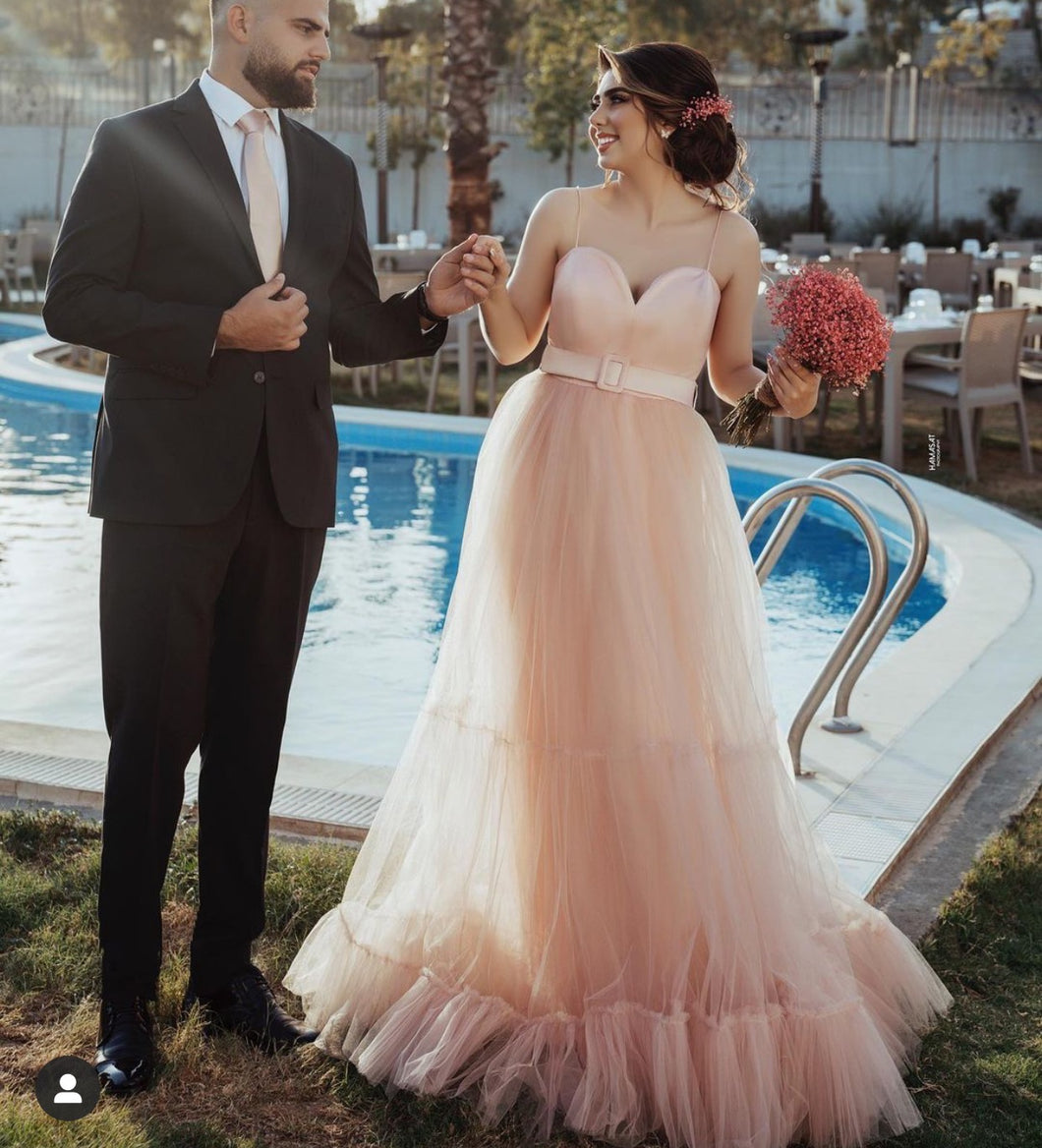 spaghetti strap pink prom dresses long tulle a line elegant simple cheap prom gown vestidos de fiesta