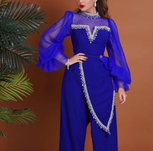 royal blue jumpsuit for women beaded cheap high neck crystals pant suit for weddings vestidos de fiesta