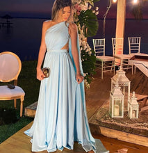 Load image into Gallery viewer, one shoulder prom dresses long a line chiffon light blue simple ruffled prom gown vestidos de fiesta