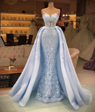 Load image into Gallery viewer, detachable train blue prom dresses 2022 lace applique beaded elegant tulle luxury simple prom gown 2023 robe de soiree