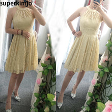 Load image into Gallery viewer, yellow bridesmaid dresses short lace beaded neck elegant knee length cute gold wedding party dresses
