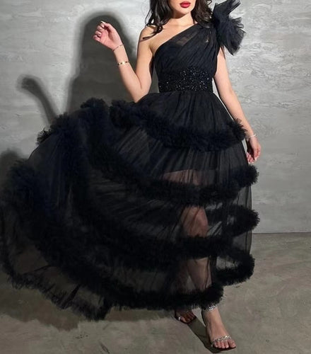 one shoulder prom dresses black beaded elegant tulle a line prom gown vestidos de fiesta