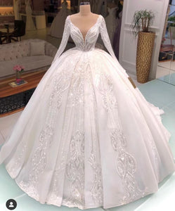 luxury wedding dresses ball gown sequin applique princess white elegant v neck wedding gown vestidos de novia