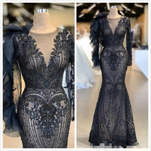 Load image into Gallery viewer, 2020 modest evening dresses vestido de festa de longo Lace Applique beaded mermaid black evening gown 2021