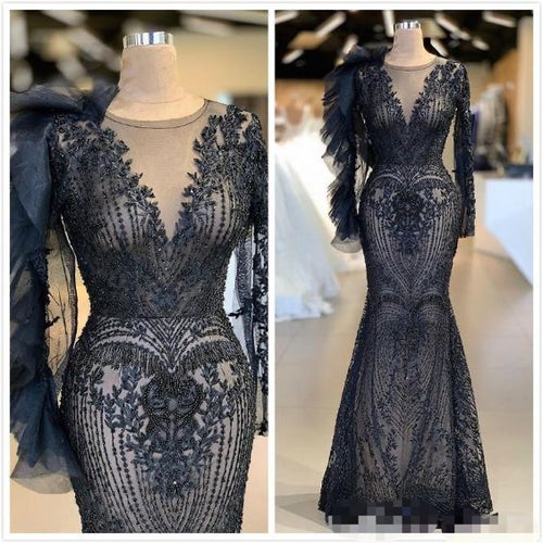 2020 modest evening dresses vestido de festa de longo Lace Applique beaded mermaid black evening gown 2021