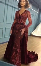 Load image into Gallery viewer, burgundy prom dresses with removable skirt beaded lace applique elegant vintage prom gown