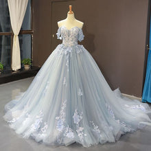 Load image into Gallery viewer, blue prom dresses 2021 off the shoulder lace applique elegant princess prom gowns 2022 sweet 18 dresses