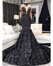 Load image into Gallery viewer, high neck black evening dresses long sleeve lace applique 3d flowers elegant modest simple evening gown vestido longo