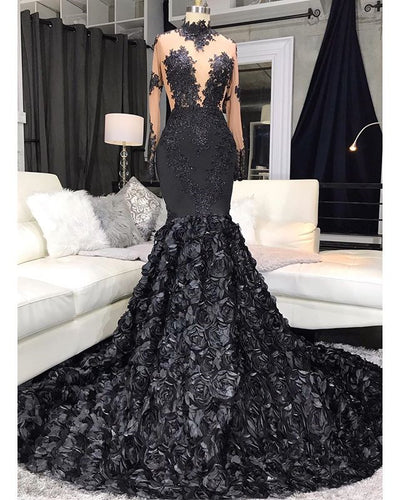 high neck black evening dresses long sleeve lace applique 3d flowers elegant modest simple evening gown vestido longo