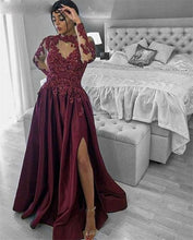 Load image into Gallery viewer, burgundy prom dresses long sleeve lace applique beaded satin elegant cheap prom gown vestido de fiesta