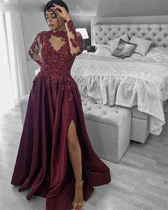 burgundy prom dresses long sleeve lace applique beaded satin elegant cheap prom gown vestido de fiesta