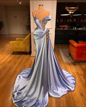 Load image into Gallery viewer, 2021 sexy formal dresses blue beaded mermaid evening dresses long modest elegant satin luxury formal evening gowns 2022