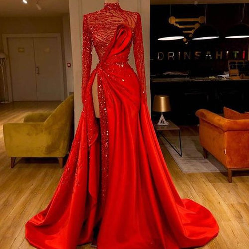 high neck red prom dresses long sleeve vintage beaded sparkly satin luxury prom gown vestido de graduacion