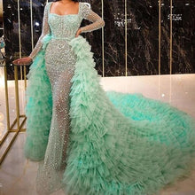 Load image into Gallery viewer, detachable skirt sparkly prom dresses long sleeve boat neck mint green elegant luxury prom gown