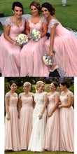 Load image into Gallery viewer, blush pink bridesmaid dresses long a line lace appliqué beaded chiffon cheap wedding party dresses