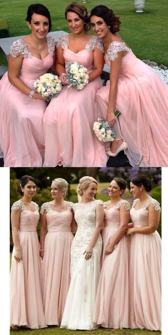 blush pink bridesmaid dresses long a line lace appliqué beaded chiffon cheap wedding party dresses