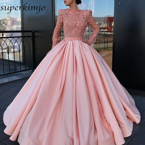 ball gown prom dresses long sleeve lace appliqué elegant pink prom gowns vestido de graduacion