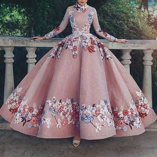 arabic prom dresses ball gown embroidery appliqué high neck dusty pink prom dresses 2021