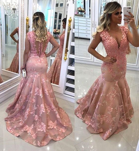 pink lace evening dresses long v neck beaded mermaid embroidery applique modest elegant evening gown