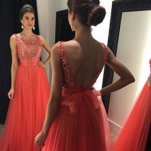 Load image into Gallery viewer, coral prom dresses 2021 beaded o neck backless elegant a line tulle prom gown 2020 vestido de fiesta