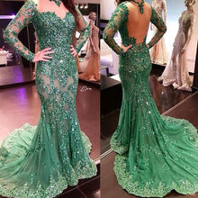 Load image into Gallery viewer, modest sparkly evening dresses long sleeve green lace applique beaded mermaid elegant formal dress mother of the bride dresses