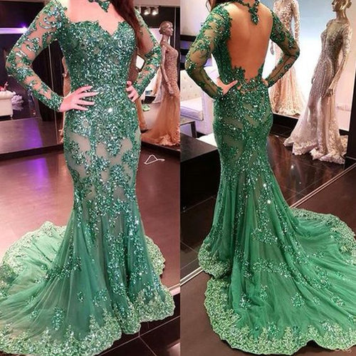 modest sparkly evening dresses long sleeve green lace applique beaded mermaid elegant formal dress mother of the bride dresses