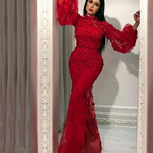 abendkleider 2021 red evening dresses long sleeve 3d flowers mermaid elegant formal party dresses