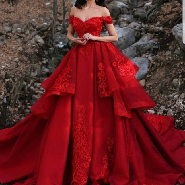 red prom dresses 2020 detachable skirt lace applique v neck elegant tiered prom gown 2021