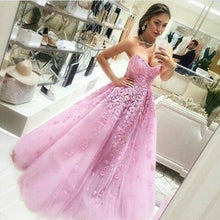 Load image into Gallery viewer, pink lace appliqué prom dresses long elegant a line tulle simple cheap pageant prom gown