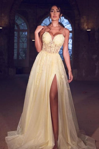 yellow prom dresses long 2022 tulle lace applique spaghetti strap a line cheap prom gown