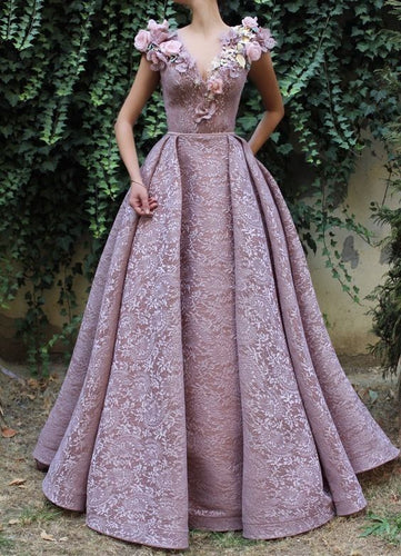 3d flowers prom dresses detachable skirt Lace Applique v neck elegant cheap prom gown