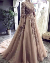 Load image into Gallery viewer, high neck vintage prom dresses long sleeve champagne lace applique beaded elegant prom gown