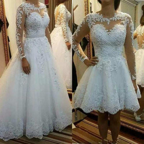 white wedding dresses ball gown with detachable skirt lace applique beaded luxury wedding gown