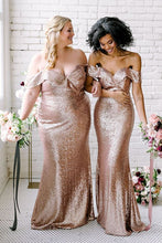 Load image into Gallery viewer, rose gold bridesmaid dresses long off the shoulder mermaid sparkly cheap wedding party dress 2021