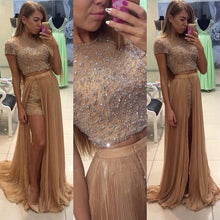 Load image into Gallery viewer, champagne 2 piece prom dresses long 2020 short sleeve beaded sparkly sexy prom gown 2021