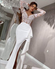 Load image into Gallery viewer, dubai evening dresses long sleeve v neck beaded applique mermaid white elegant formal evening gown