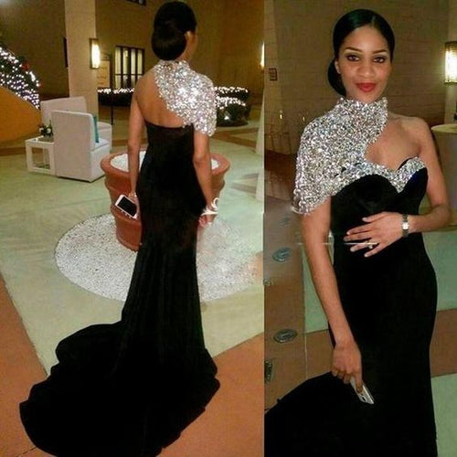 African evening dresses long high neck beaded sparkly mermaid modest cheap formal dresses 2021