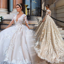 Load image into Gallery viewer, 2020 champagne wedding dresses boho lace appliqué deep v neck vintage chapel train elegant wedding gowns 2021