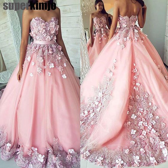 3d flowers pink prom dress ball gown sweetheart neck elegant lace appl ...