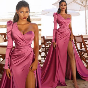 one shoulder hot pink prom dresses 2021 new arrival satin elegant simple prom gowns vestido de festa