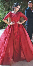Load image into Gallery viewer, arabic prom dresses 2020 long sleeve lace appliqué red detachable skirt prom gown abendkleider 2021