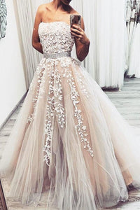 strapless prom dresses long lace appliqué beaded champagne elegant pageant dresses for women