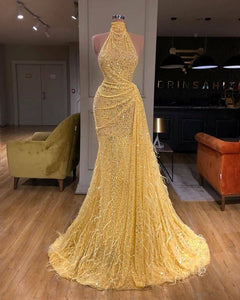 yellow evening dresses long high neck sparkly feather luxury bling evening gown formal dress