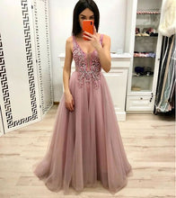 Load image into Gallery viewer, rose pink prom dresses 2020 v neck beaded appliqué sleeveless elegant a line prom gown 2021