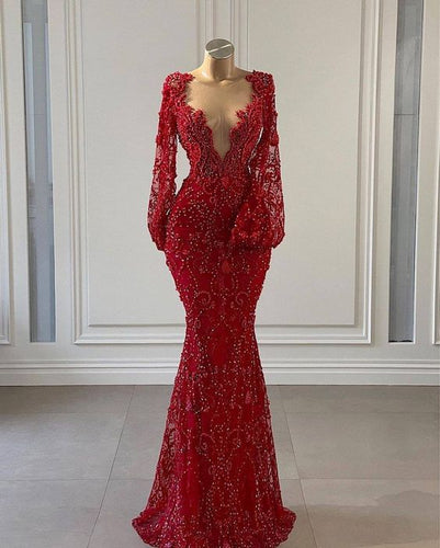 red evening dresses long 3d flowers lace applique beaded elegant mermaid evening gown vestido de longo