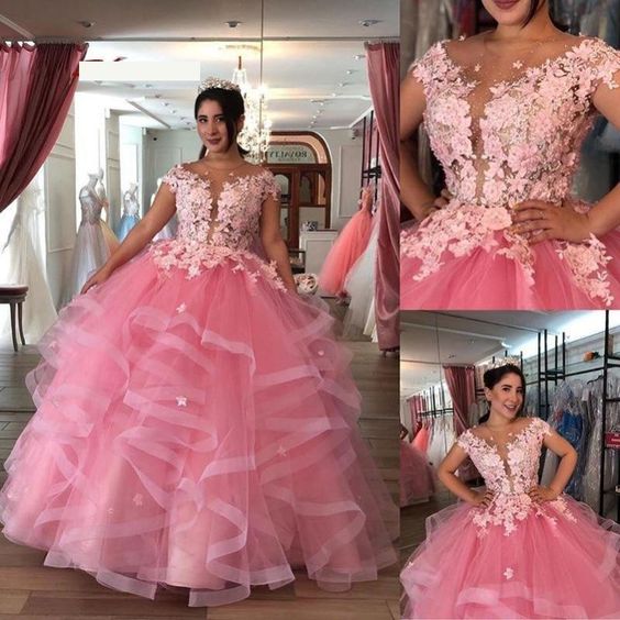 sweet 16 dresses pink ball gown prom dresses 2021 Lace Applique 3d flowers beaded luxury prom gowns